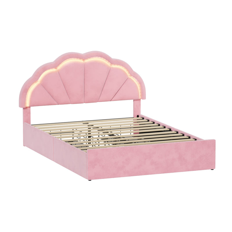Oikiture Double Size Bed Frame LED Headboard with Drawers Velvet Pink