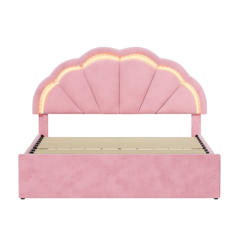 Oikiture Double Size Bed Frame LED Headboard with Drawers Velvet Pink