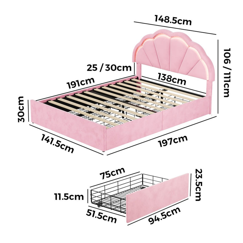 Oikiture Double Size Bed Frame LED Headboard with Drawers Velvet Pink