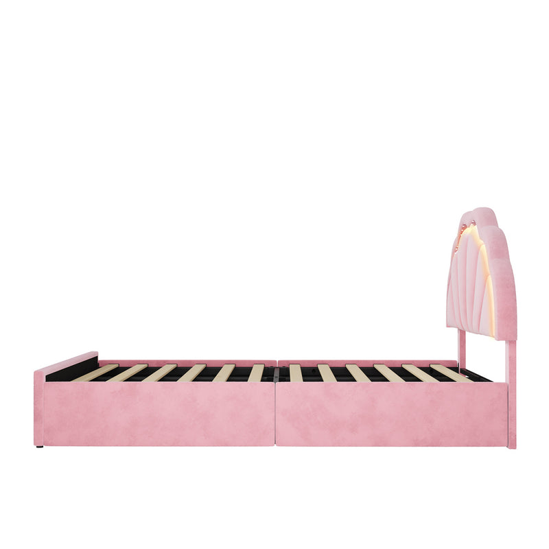 Oikiture Double Size Bed Frame LED Headboard with Drawers Velvet Pink