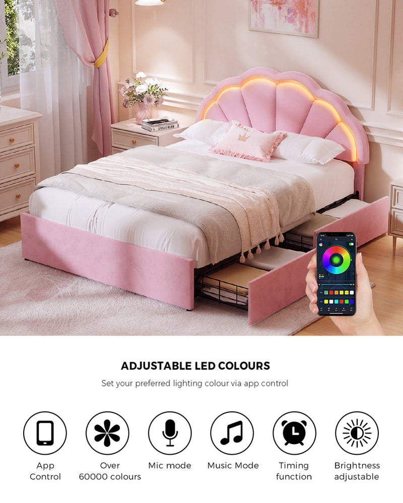 Oikiture Double Size Bed Frame LED Headboard with Drawers Velvet Pink