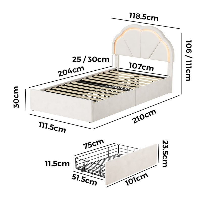 Oikiture King Single Bed Frame LED Headboard with Drawers Beige