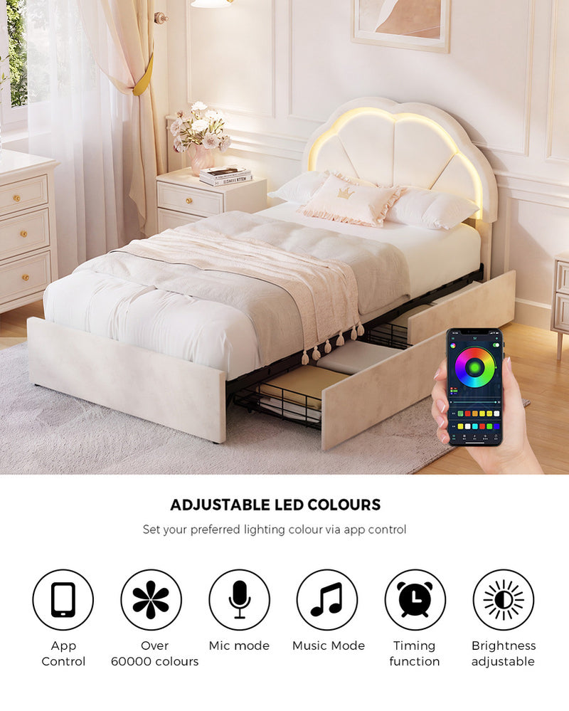 Oikiture King Single Bed Frame LED Headboard with Drawers Beige