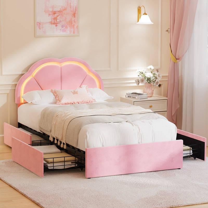 Oikiture King Single Bed Frame LED Headboard with Drawers Velvet Pink