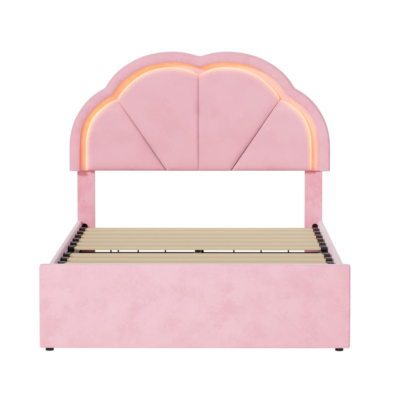 Oikiture King Single Bed Frame LED Headboard with Drawers Velvet Pink