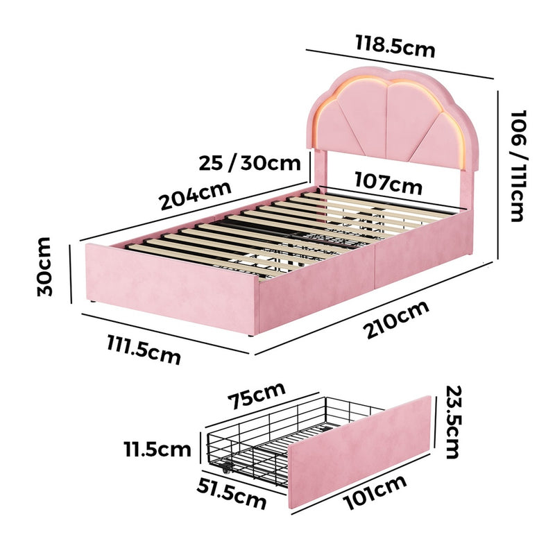 Oikiture King Single Bed Frame LED Headboard with Drawers Velvet Pink