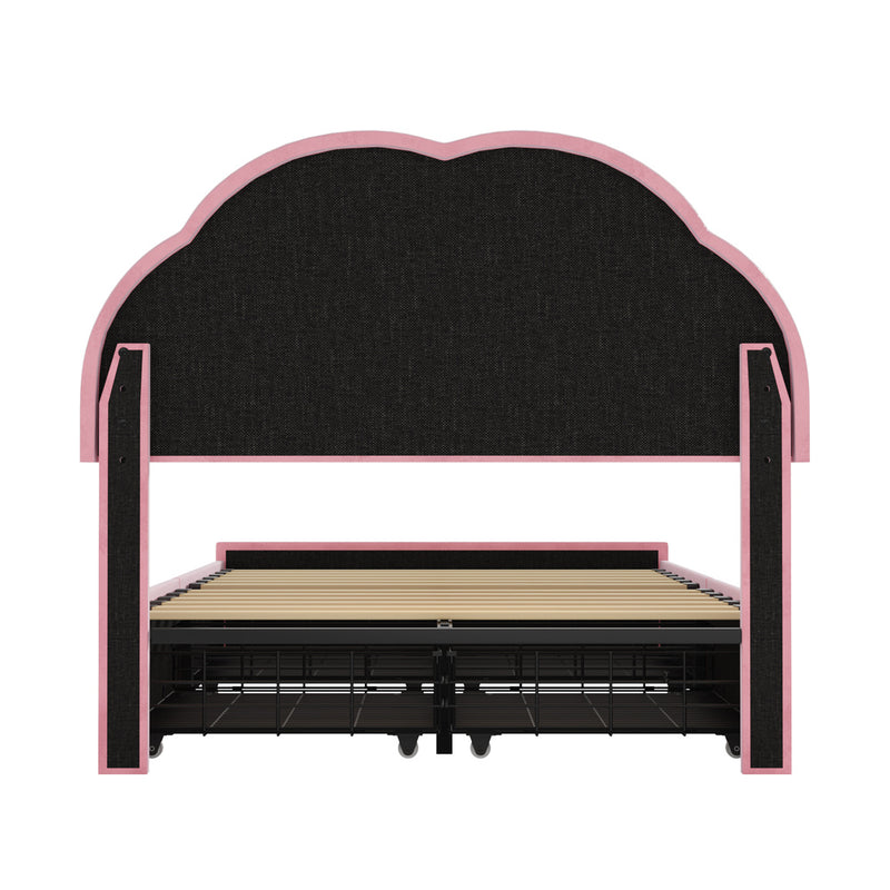 Oikiture King Single Bed Frame LED Headboard with Drawers Velvet Pink