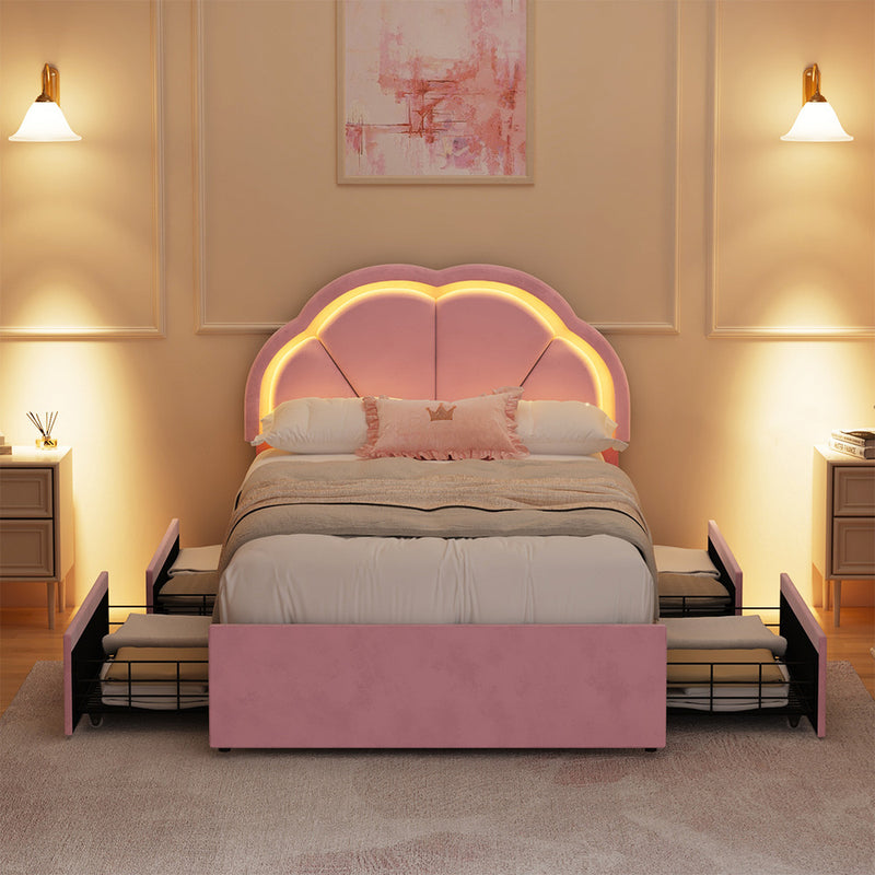 Oikiture King Single Bed Frame LED Headboard with Drawers Velvet Pink