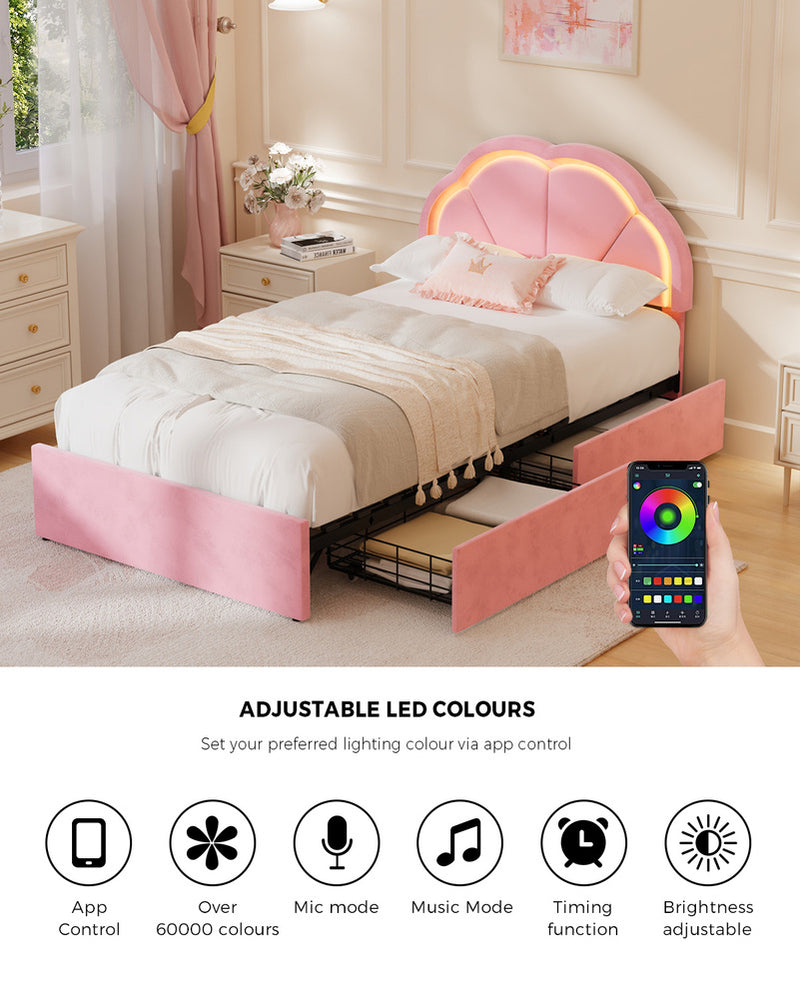 Oikiture King Single Bed Frame LED Headboard with Drawers Velvet Pink