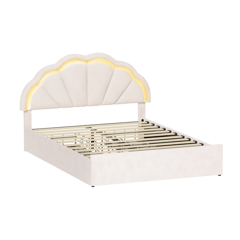 Oikiture Queen Bed Frame LED Shell Headboard with Drawers Beige