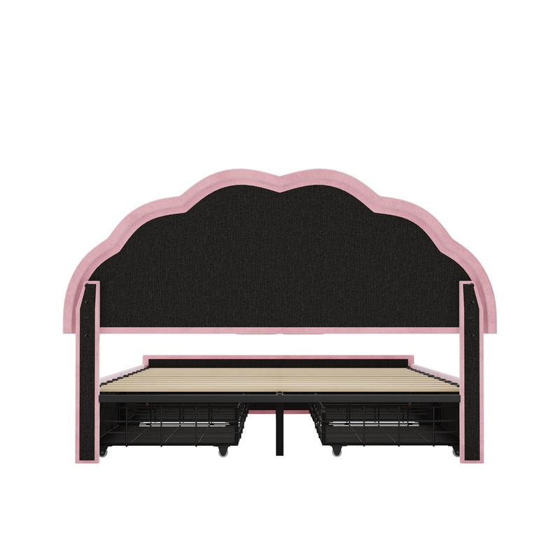 Oikiture Queen Size Bed Frame LED Headboard with Drawers Velvet Pink