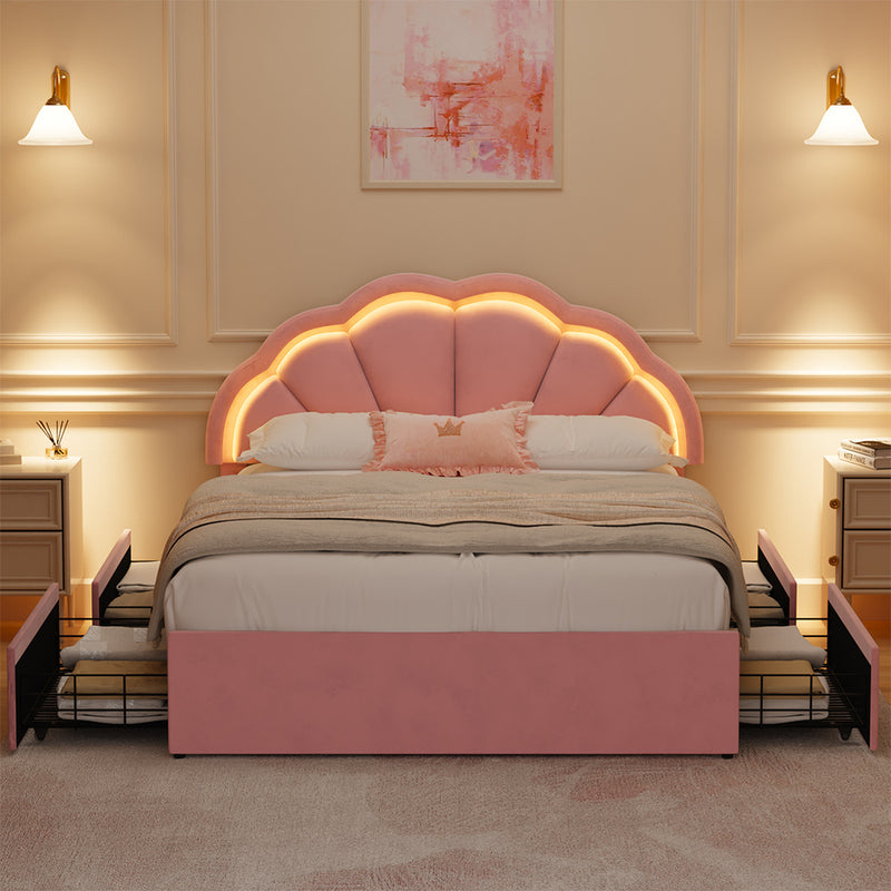 Oikiture Queen Size Bed Frame LED Headboard with Drawers Velvet Pink