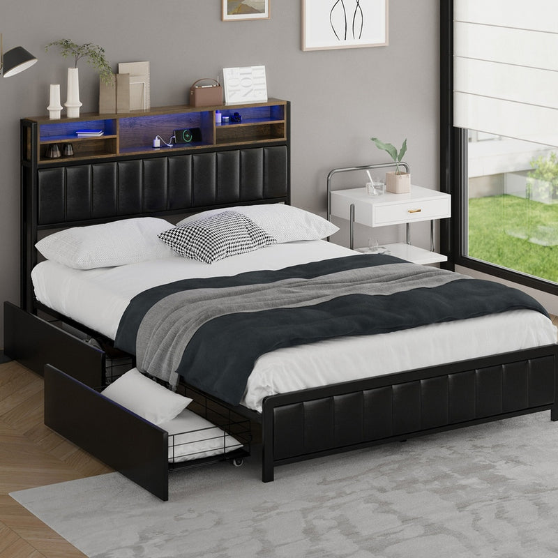 Oikiture Bed Frame Double Single Size LED Storage Bedhead USB Charge