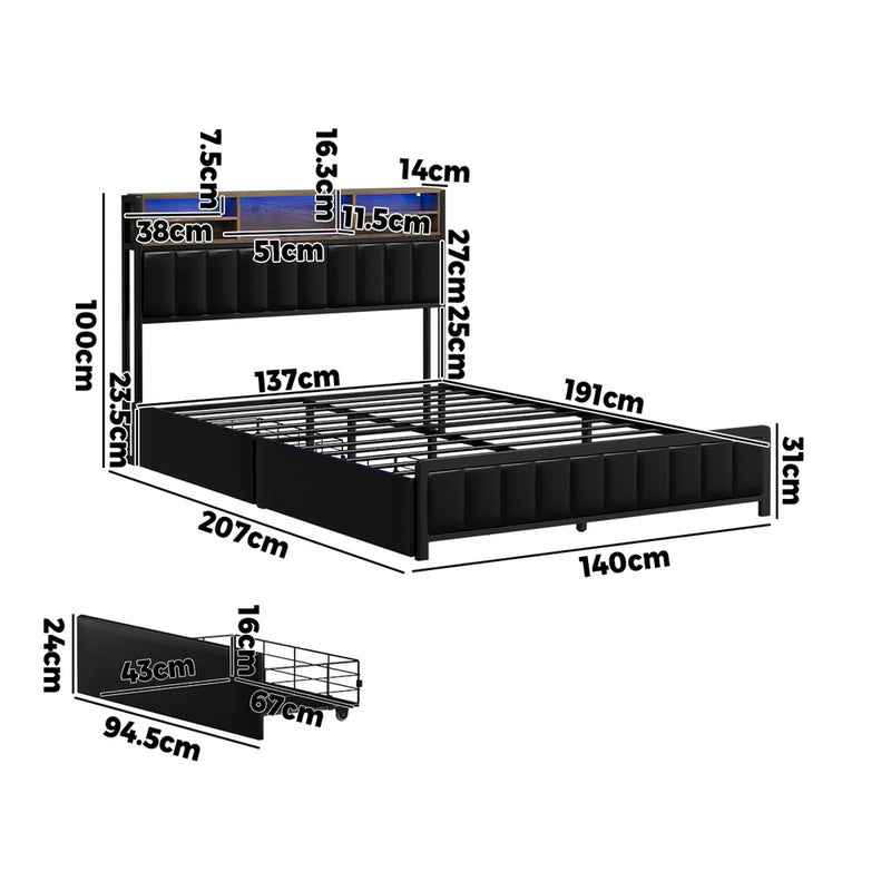 Oikiture Bed Frame Double Single Size LED Storage Bedhead USB Charge