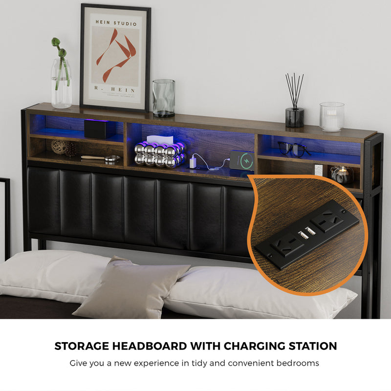 Oikiture Bed Frame Double Single Size LED Storage Bedhead USB Charge