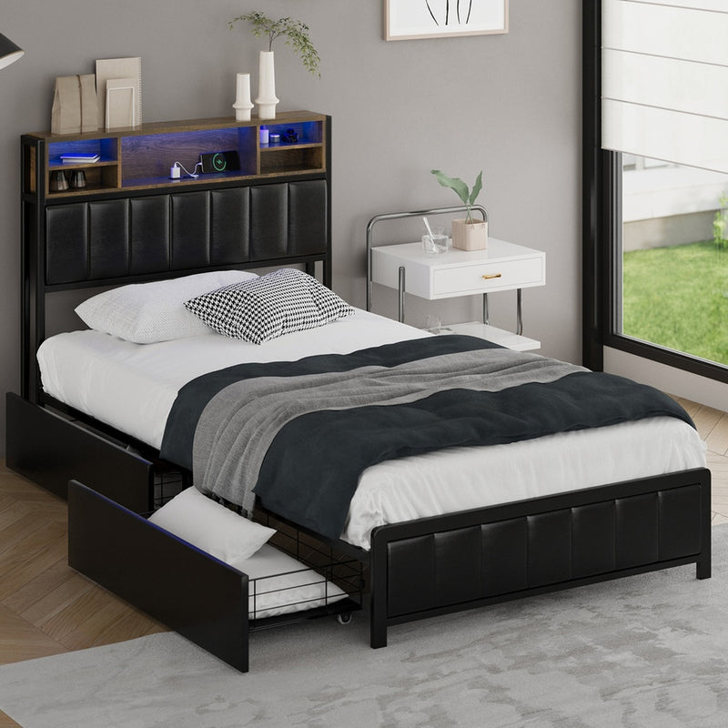 Oikiture Bed Frame King Single Size LED Storage Bedhead USB Charge