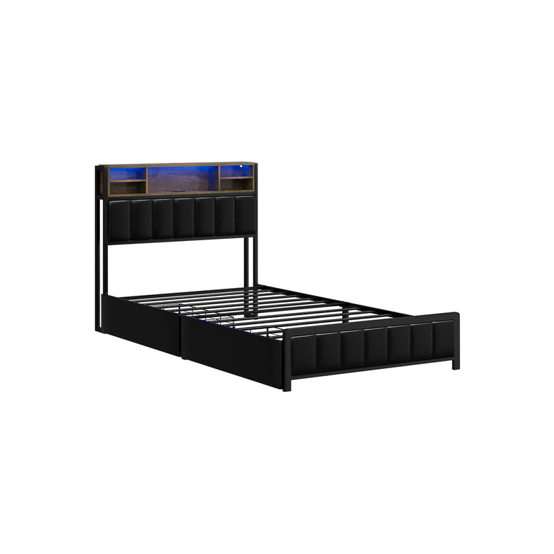 Oikiture Bed Frame King Single Size LED Storage Bedhead USB Charge