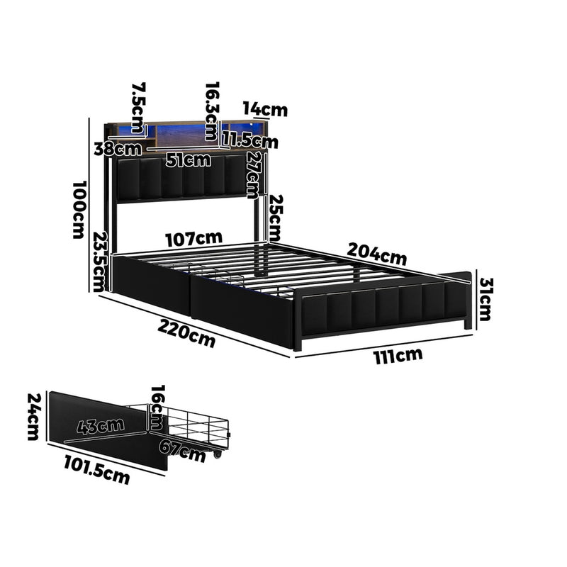 Oikiture Bed Frame King Single Size LED Storage Bedhead USB Charge