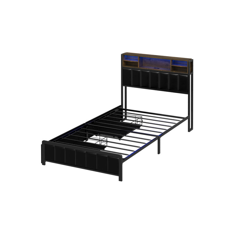 Oikiture Bed Frame King Single Size LED Storage Bedhead USB Charge