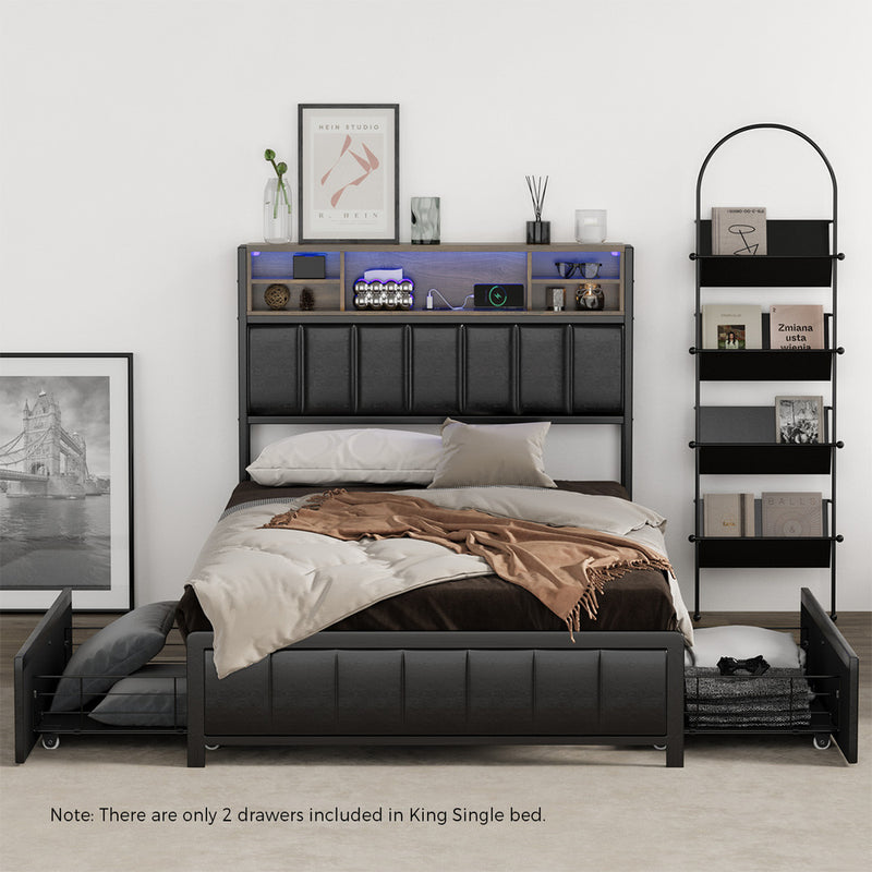 Oikiture Bed Frame King Single Size LED Storage Bedhead USB Charge