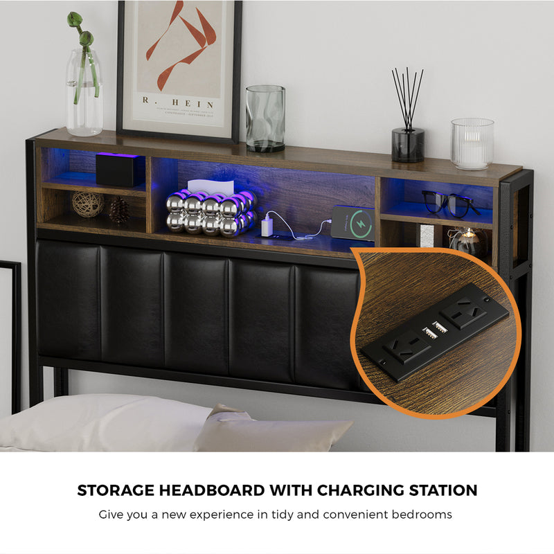 Oikiture Bed Frame King Single Size LED Storage Bedhead USB Charge