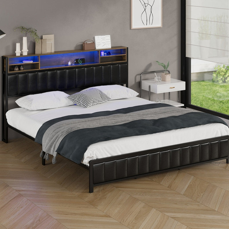 Oikiture Bed Frame King Size Beds LED Storage Bedhead USB Charge