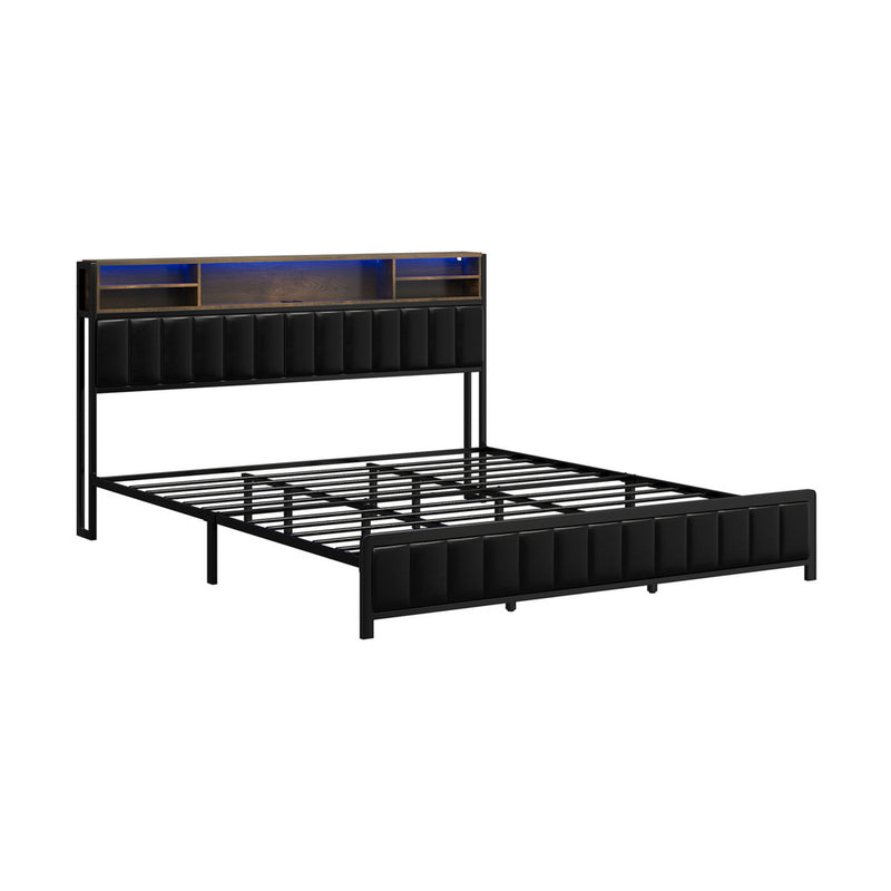 Oikiture Bed Frame King Size Beds LED Storage Bedhead USB Charge