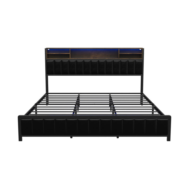 Oikiture Bed Frame King Size Beds LED Storage Bedhead USB Charge