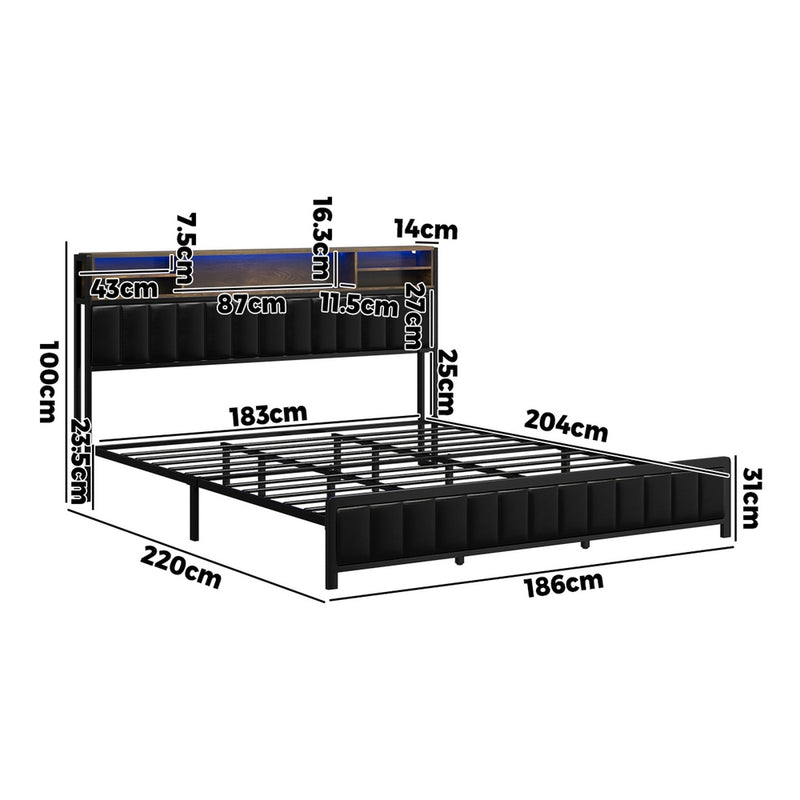 Oikiture Bed Frame King Size Beds LED Storage Bedhead USB Charge