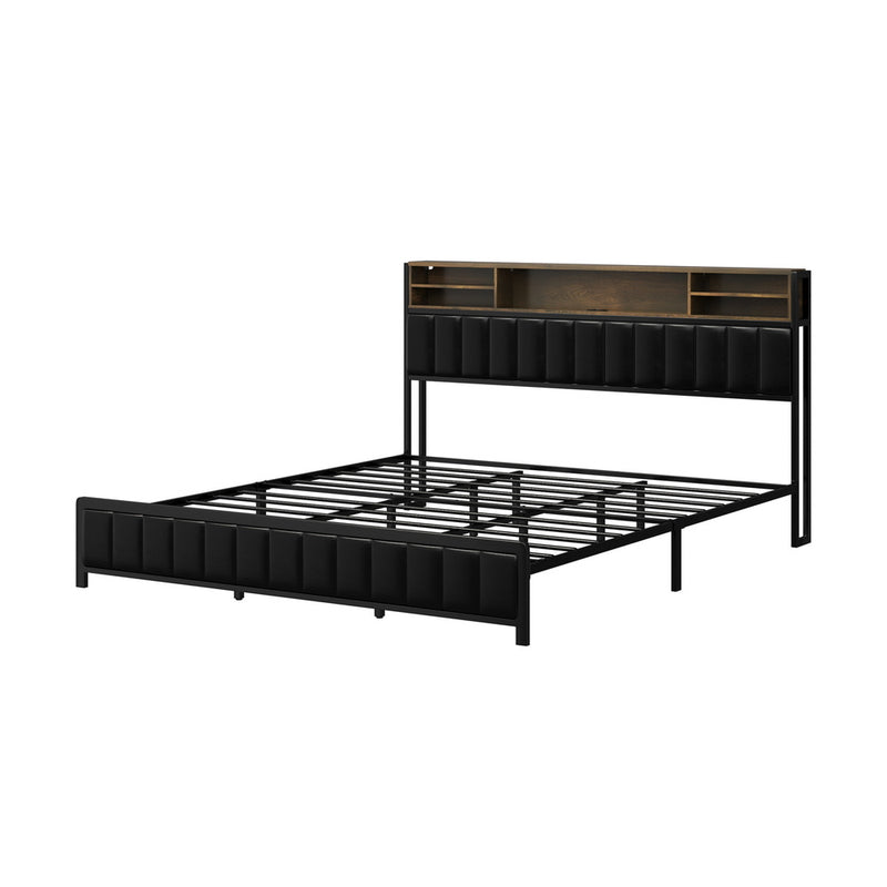 Oikiture Bed Frame King Size Beds LED Storage Bedhead USB Charge