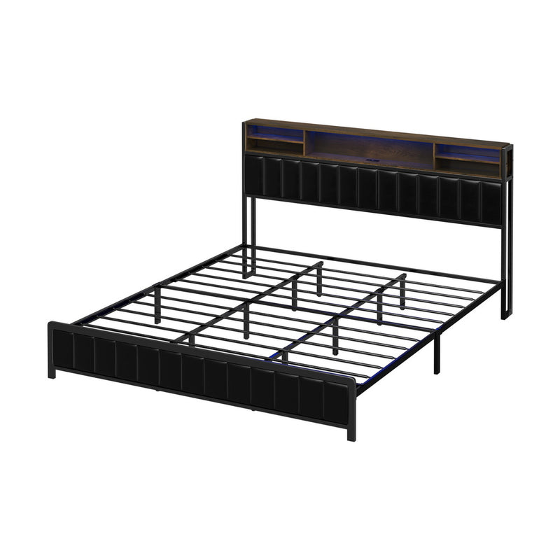 Oikiture Bed Frame King Size Beds LED Storage Bedhead USB Charge