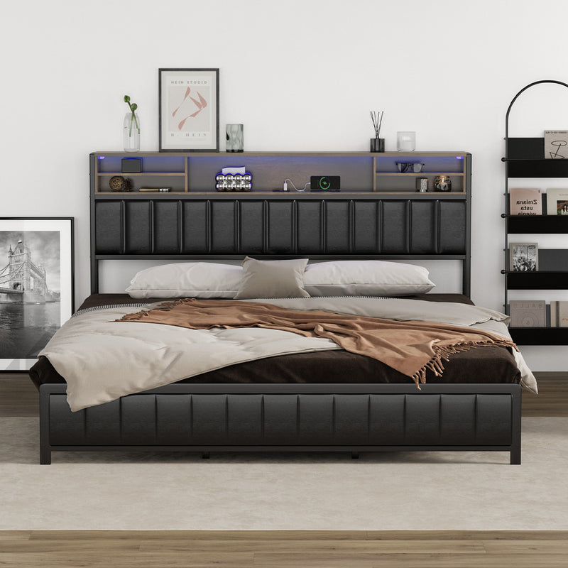 Oikiture Bed Frame King Size Beds LED Storage Bedhead USB Charge