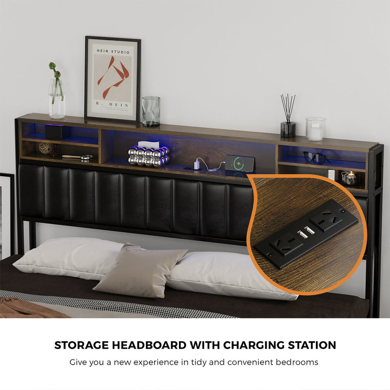 Oikiture Bed Frame King Size Beds LED Storage Bedhead USB Charge