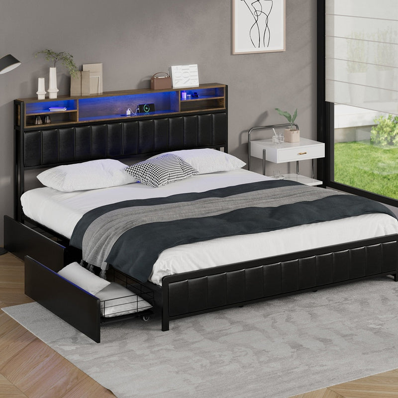 Oikiture Bed Frame King Size LED Storage Bedhead 4 Drawers USB Charge