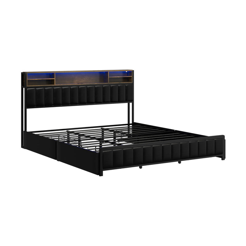 Oikiture Bed Frame King Size LED Storage Bedhead 4 Drawers USB Charge