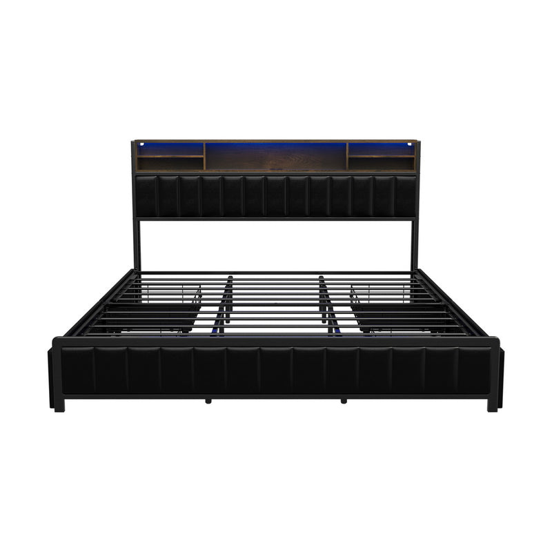 Oikiture Bed Frame King Size LED Storage Bedhead 4 Drawers USB Charge