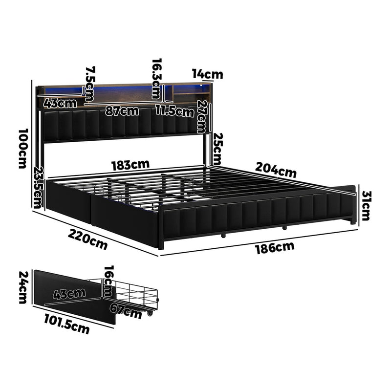 Oikiture Bed Frame King Size LED Storage Bedhead 4 Drawers USB Charge