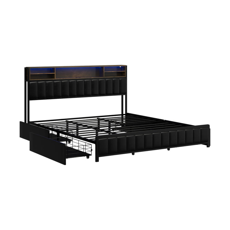 Oikiture Bed Frame King Size LED Storage Bedhead 4 Drawers USB Charge
