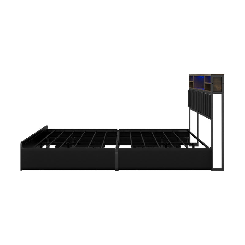 Oikiture Bed Frame King Size LED Storage Bedhead 4 Drawers USB Charge