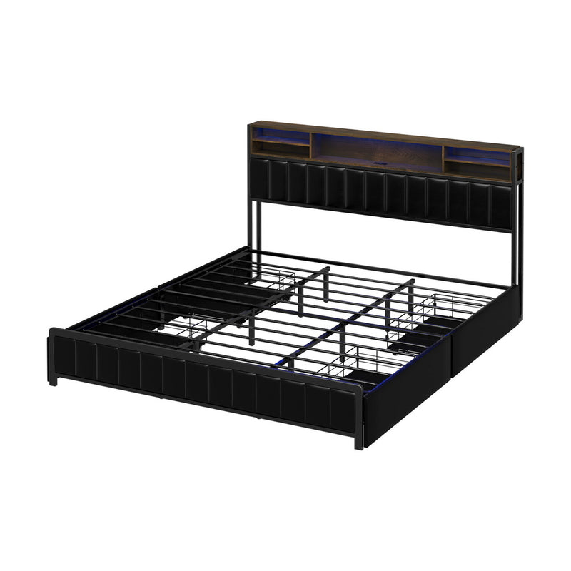 Oikiture Bed Frame King Size LED Storage Bedhead 4 Drawers USB Charge