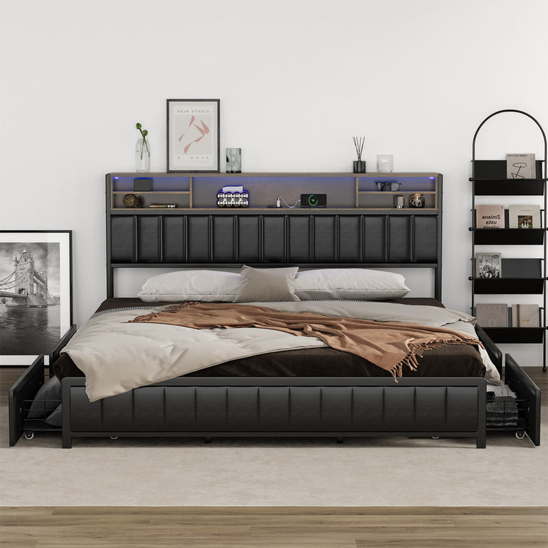 Oikiture Bed Frame King Size LED Storage Bedhead 4 Drawers USB Charge
