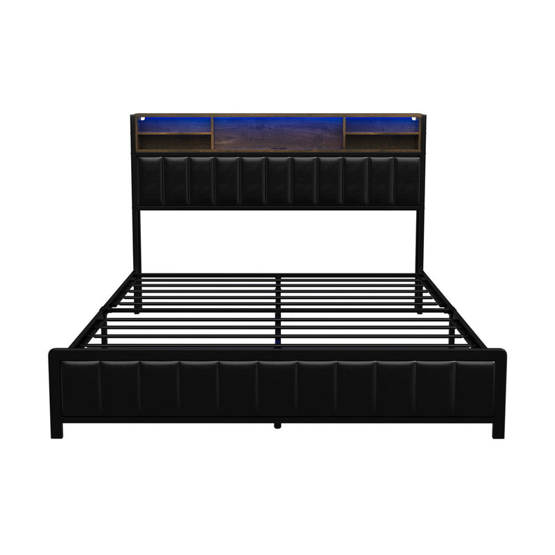 Oikiture Bed Frame Queen Size LED Storage Bedhead Leather Black