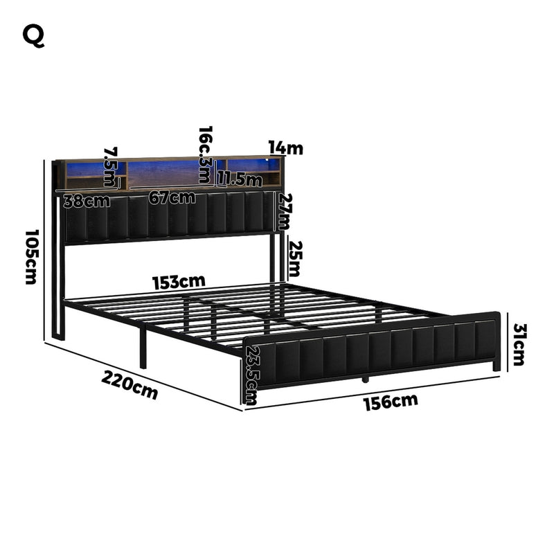Oikiture Bed Frame Queen Size LED Storage Bedhead Leather Black
