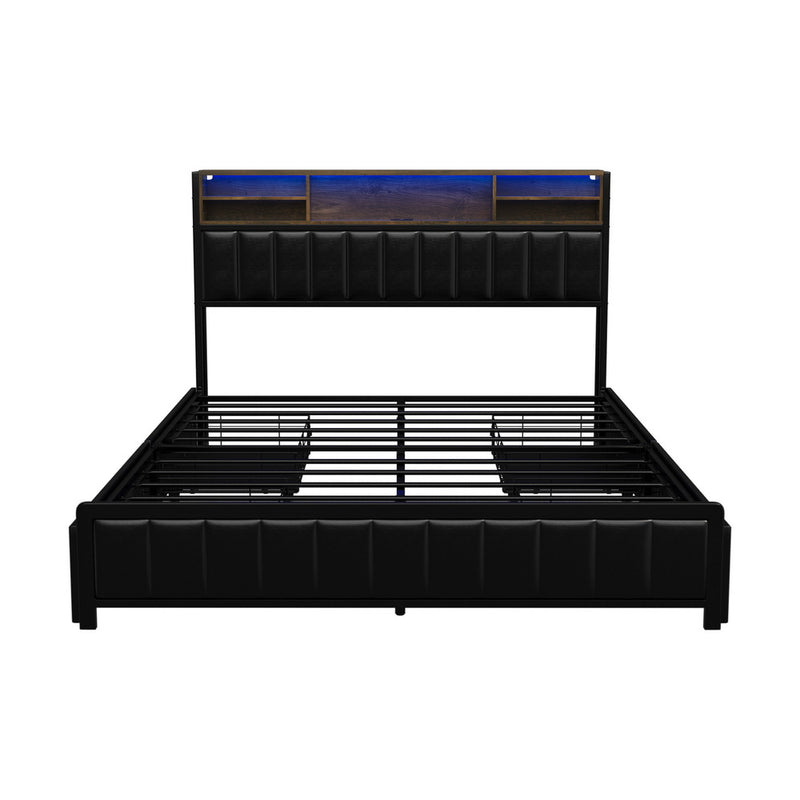 Oikiture Bed Frame Queen Size LED Storage Bedhead 4 Drawers Leather