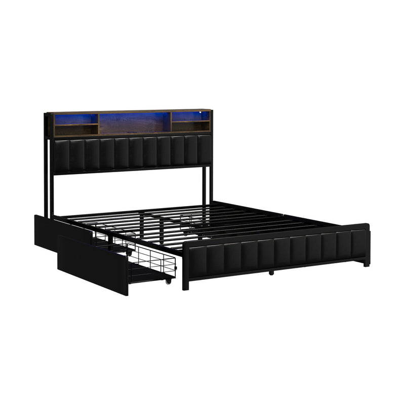 Oikiture Bed Frame Queen Size LED Storage Bedhead 4 Drawers Leather