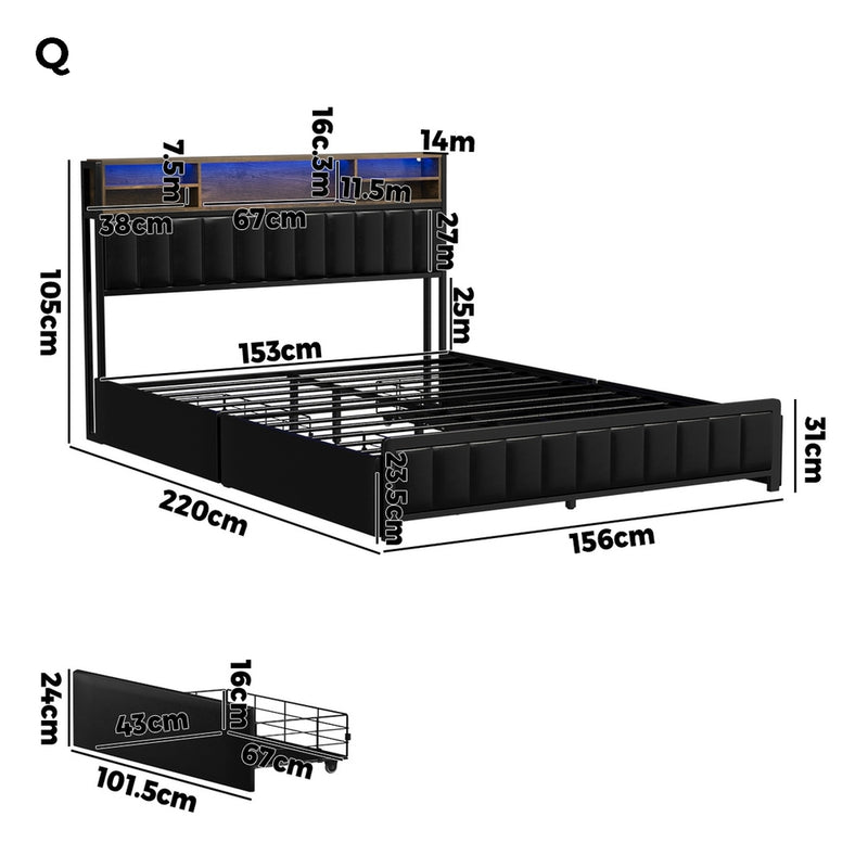 Oikiture Bed Frame Queen Size LED Storage Bedhead 4 Drawers Leather