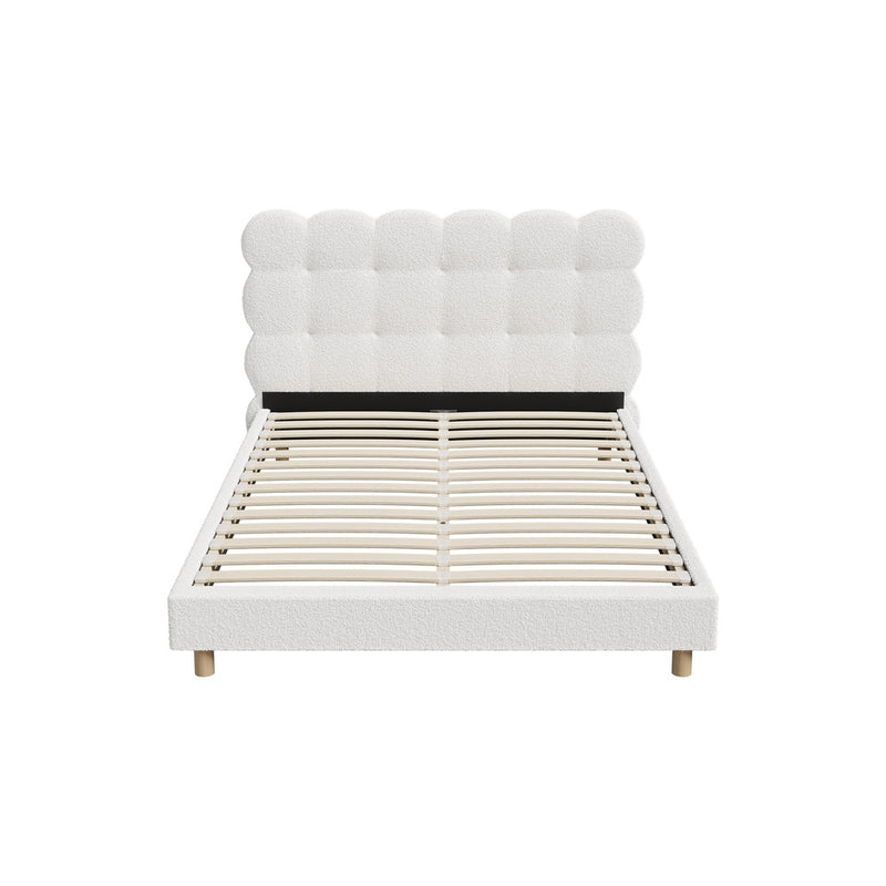 Oikiture Bed Frame Double Tufted Bedhead Boucle Fabric White