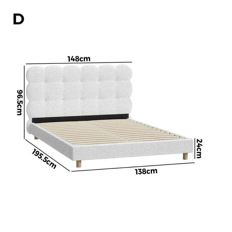 Oikiture Bed Frame Double Tufted Bedhead Boucle Fabric White