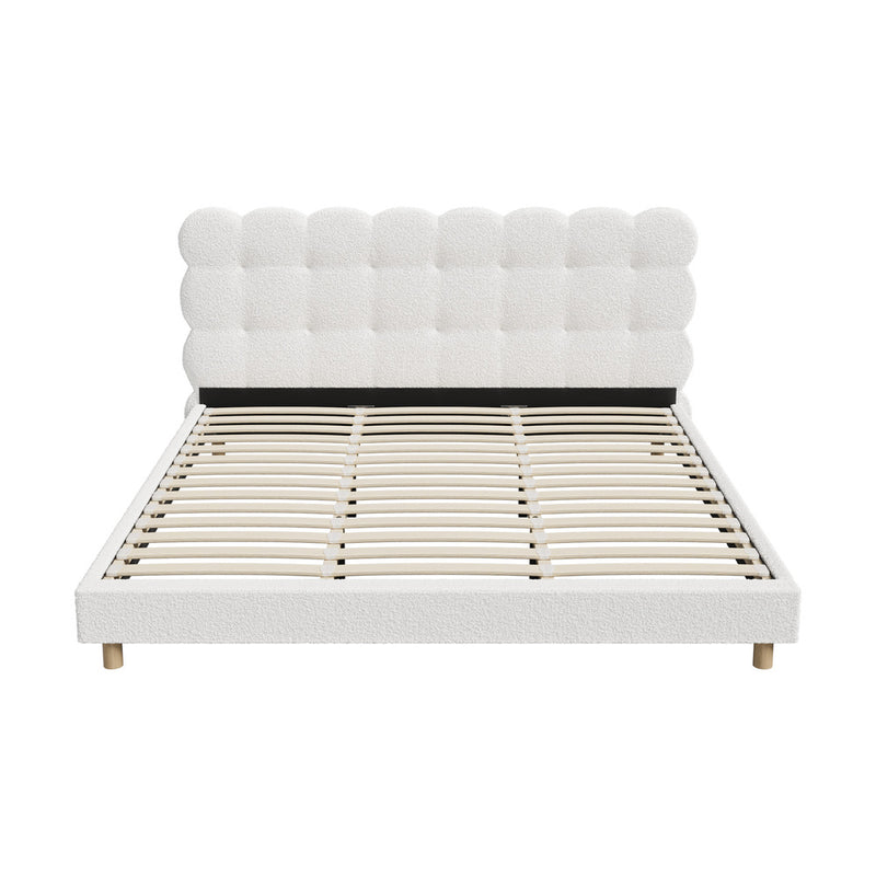 Oikiture Bed Frame King Tufted Bedhead Boucle Fabric White
