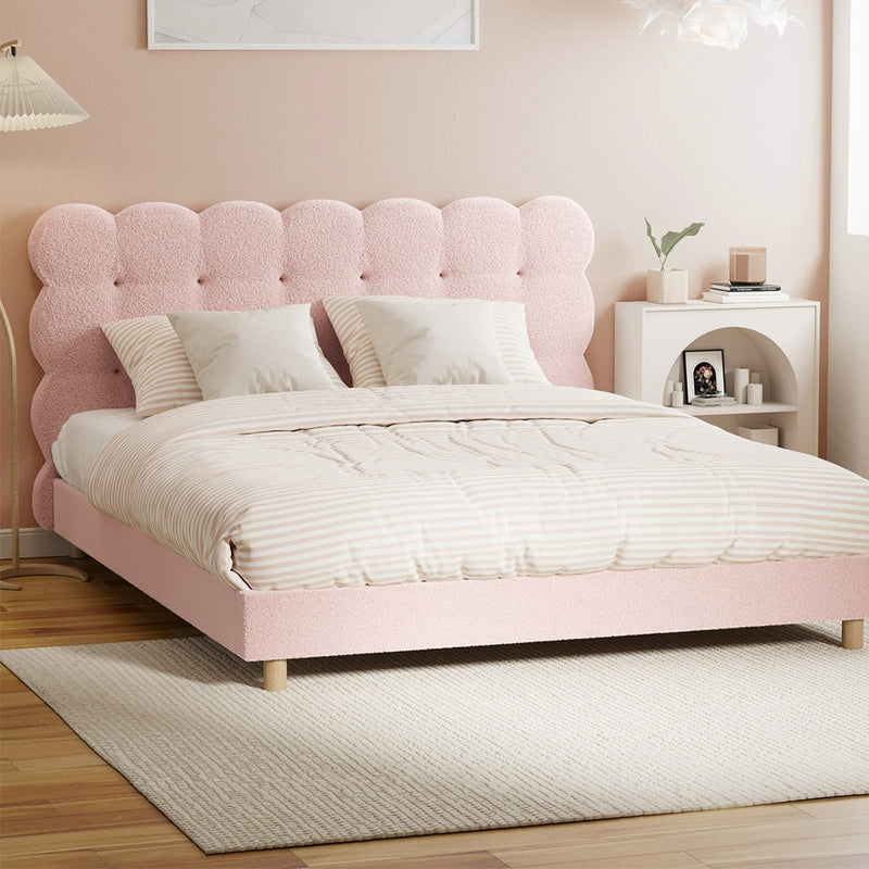 Oikiture Bed Frame Queen Size Tufted Bedhead Boucle Fabric Pink